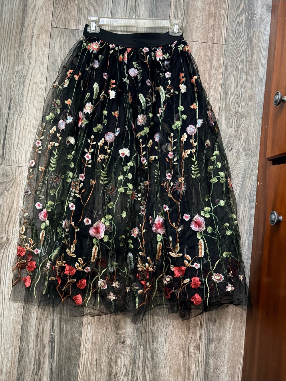 Black Tulle Midi Skirt with Multicolor Floral Embroidery